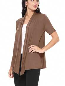 Casual Solid Short Sleeve Open Front Draped Cardigan For Office & Everyday Wear - Mocha Brown - View 2