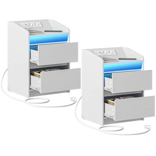 Hzuaneri Nachttische 2er Set mit LED-Lichtern, Ladestation und 2 Schubladen, Beistelltisch mit USB-Anschlüssen & Steckdosen, Stilvoll und vielseitig für Wohnzimmer und Schlafzimmer