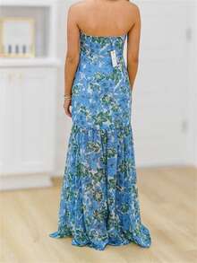 Women Casual Strapless Dress Summer Floral Print Backless A-Line Long Dress - Blue - View 5