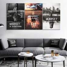 Set de 3 înrămate Mindset Is Everything Citate inspirate Pânză Artă Pictură Postere imprimate pentru living modern, baie, dormitor, hotel, apartament, vilă, galerie, cameră pentru copii, creșă, grădiniță, sală de clasă, studiu, coridor, studio, home office Decor gata de agățat