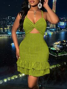 Đầm hai dây ngắn ôm sát cơ thể, màu trơn, gợi cảm, thời trang, có họa tiết xoắn phía trước, thắt nơ và xếp ly ở gấu, hoàn hảo cho các bữa tiệc và cocktail. - Màu xanh Ô liu - Xem 4