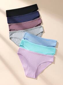 Paquete de 7 bragas de algodón acanalado de unicolor y talle bajo para mujeres, ropa interior cómoda, transpirable y elástica