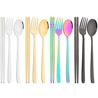 Jokipvy 12pcs Stainless Steel Mirrored Tableware Set, Korean Style Soup Spoon, Knife And Non-Slip Chopsticks, Metal Cutlery Set For 3 People, Suitable For Party, Wedding, Hotel, Restaurant, Kitchen, Gift,School Supplies
