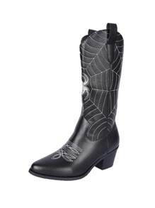 New 2025 Fashion Pointed Toe Block Heel Spider Embroidery Plus Size Slip-On Knee High Cowgirl Boots For Women