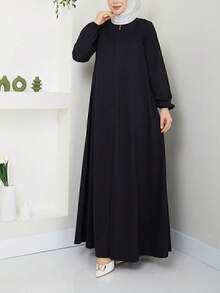 Solid Color Elegant Turkish Dubai Middle Eastern Style Women Long Robe Robe Zipper Flared Comfortable Long Sleeve Abaya