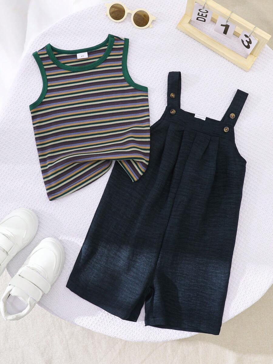 Summer New Fashion Sleeveless Striped Top & Casual Jumpsuit 2 Pieces Set For Young Girls - Green - View 1
