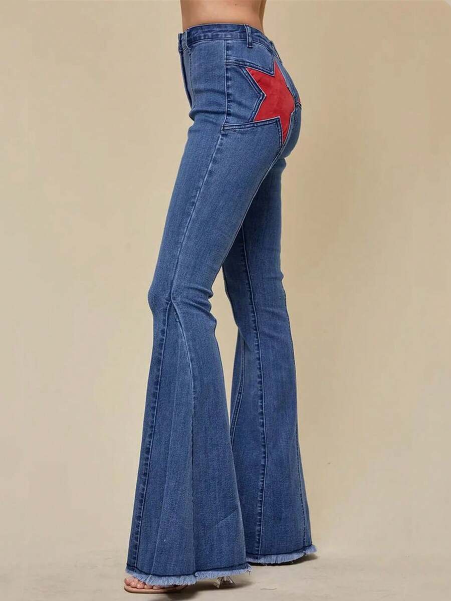 Star Patchwork Bell Bottom Jeans For Women Mid Waist Bootcut Flare Jeans Stretch Straight Leg Skinny Denim Pants - 淺藍色 - 查看 1