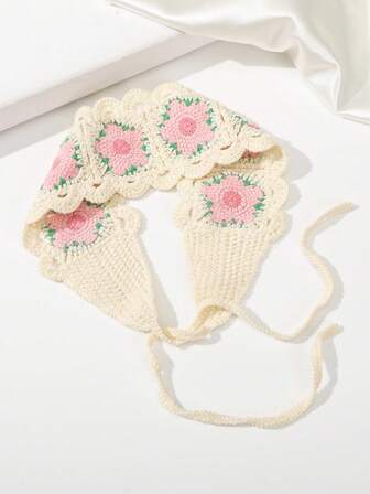 1 件花卉镂空针织头带，乡村花卉钩针针织头带