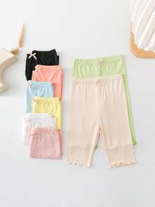8pcs/Pack Kid's Solid Color Frill Trim Ankle Length Leggings, Breathable Cool For Spring/Summer - Multicolor - View 4