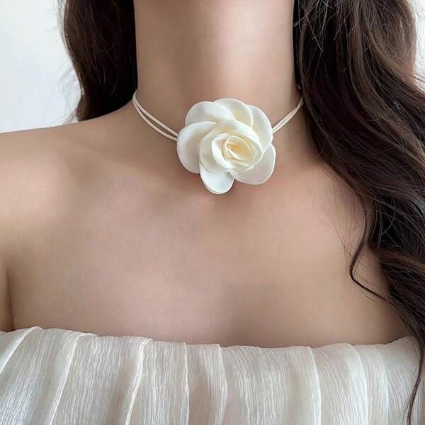 1pc Retro French Distressed Camellia Tie Choker Necklace For Women