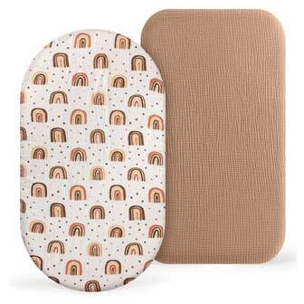 2 包有机平纹细布婴儿摇篮床笠婴儿平纹细布摇篮床单柔软透气纯棉婴儿床单套装适用于椭圆形和矩形摇篮床垫