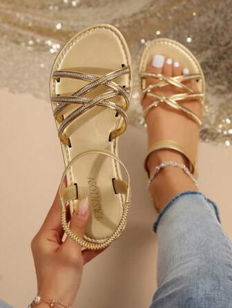 New Plus Size Women Peep Toe Criss-Cross Comfortable Simple Round Toe Rhinestone Elastic Band Flat Slide Sandals, Casual Fashionable Outdoor Vacation Beach Summer Shoes