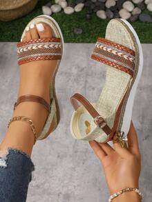 Große Größen Sommer Neue Stroh Rand Boden Plateau Dicker Sohle Schnallen Keil Riemen Frauen Sandalen, Boho Farbblock - Braun - Übersicht 6