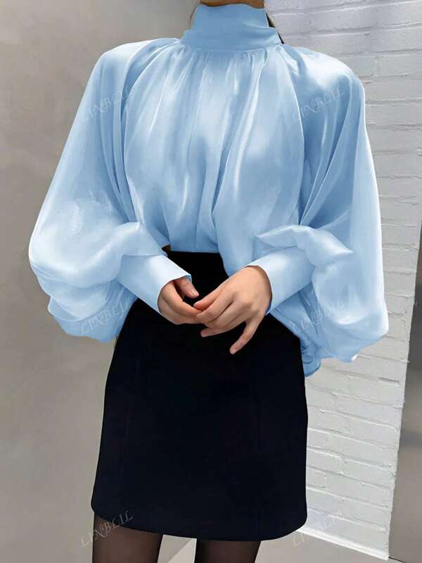 Blusa elegante para mujer de cuello alto holgada de unicolor con mangas de lámpara largas, para primavera y otoño