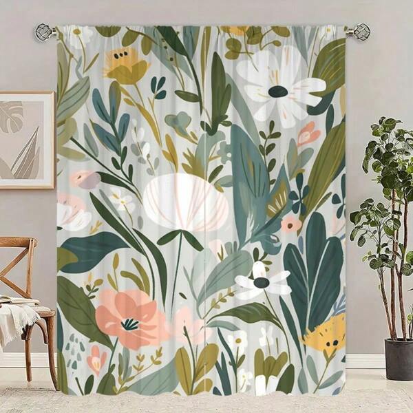 2pcs/Green White Lily-Printed Curtains - Polyester - Suitable For Bedroom, Living Room, Study Private Curtains Curtains, Curtains For Living Room, Curtains Bedroom, Curtains For Bedroom, Curtains Living Room, Kitchen Curtains, Blackout Curtains, Window Curtains Home Decor Room Decor