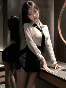 3-Piece Set Secretary Sexy See-Through Uniform Blouse Blouse Suit Collared Bottoms Bag Hip Skirt Professional Shirt Cosplay