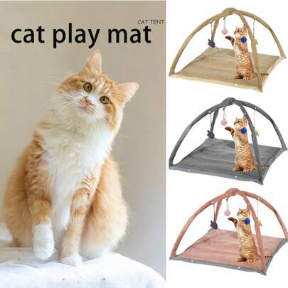 1 件猫活动垫，猫休息和玩耍两用垫，帐篷形悬挂猫玩具带铃铛，激发猫好奇心，适合猫和其他小型宠物日常使用