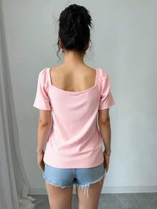 Blusa playera dama mujer manga corta aglobada escote cuadrado botones decorativos rib acanalado - Rosa - Ver 2