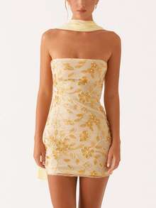 Womens Sequin Beaded Mini Dress With Scarf Y2k Strapless Sparkle Short Dresses Summer Club Party Glitter Dress - 黃色 - 查看 2