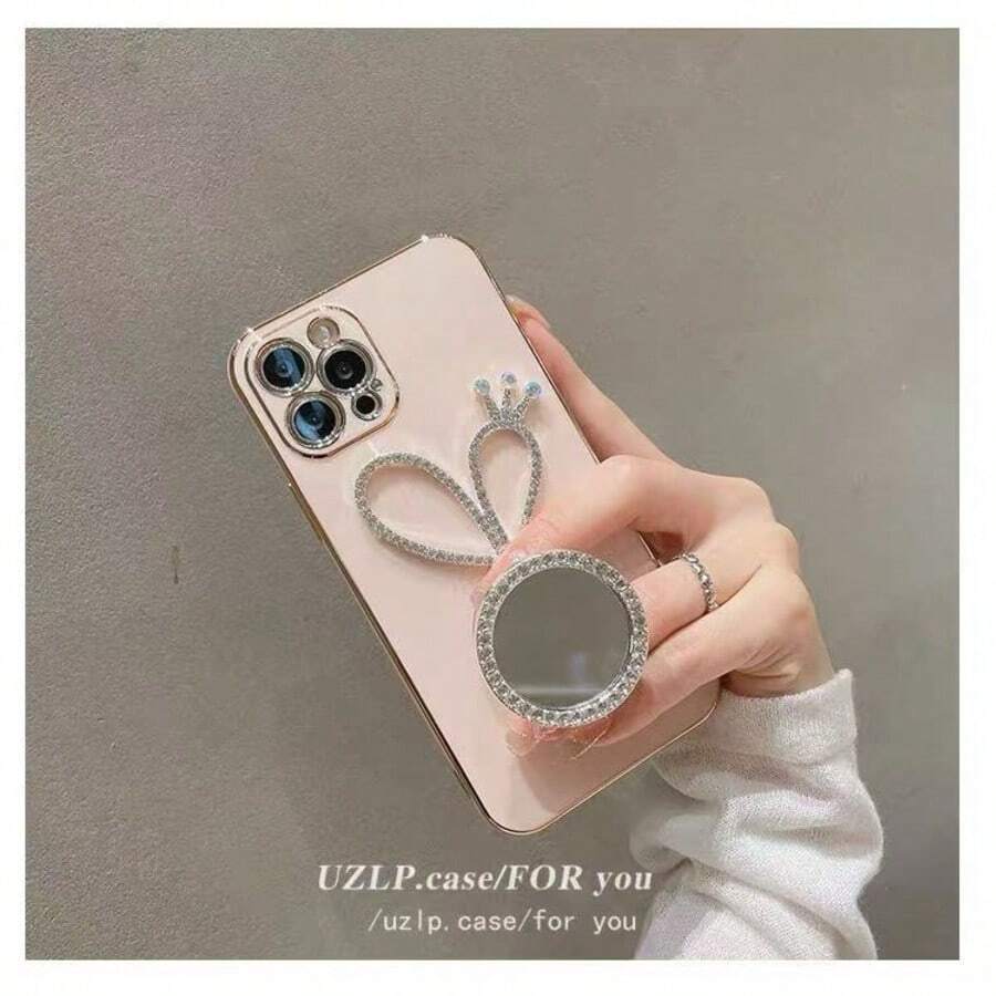 适用于 16 Plus、15、14、13 Pro、Apple 12 直边款、12 Pro Max 电镀款、11 英寸软硅胶全包式手机壳的化妆镜支架,女士高级防摔保护套,Xs Max 防水防震防刮,国际版,非国内版 - 粉色 - 查看 1