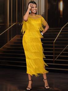 女士短袖透视网纱拼接流苏连衣裙，适合派对、招待会、约会、生日、春季穿着 - 黃色 - 查看 5