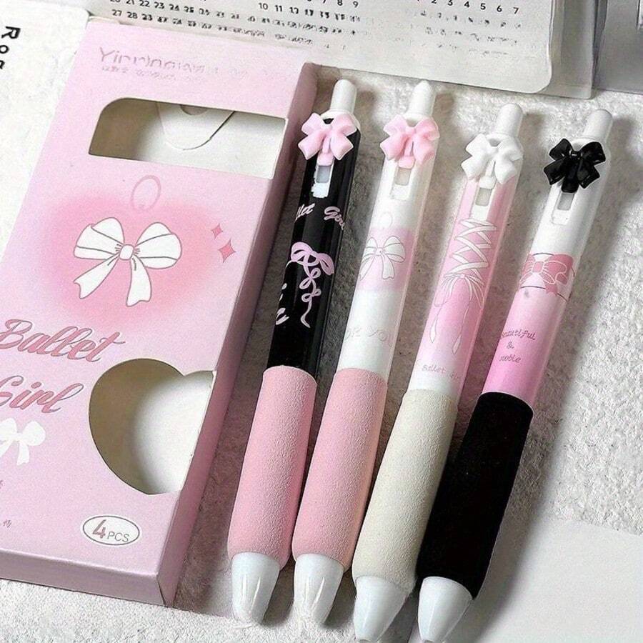 4pcs Cute Retractable Gel Pens, 0.5mm Black Ink, Soft Grip, Kawaii Design, Suitable For Girls, Boys, Women, Men, Office & School Supplies Back To School