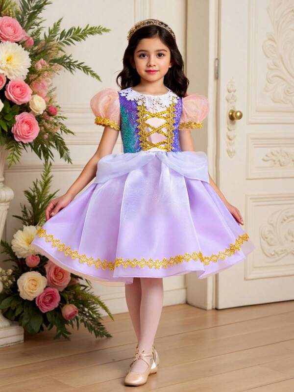 Girls Princess Dress Long Puff Sleeve Mesh Tulle Tutu Costume For Performance
