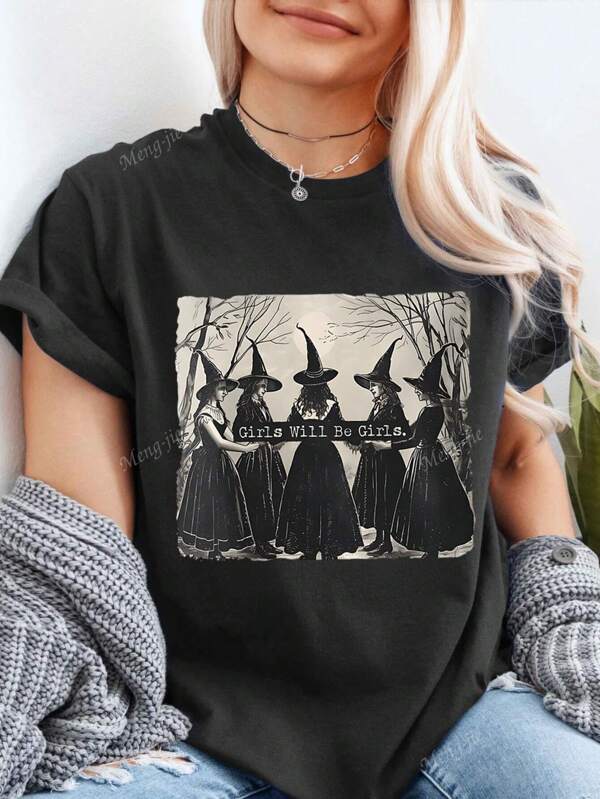 Women's Casual Loose Fit Black Witch Graphic Round Neck T-Shirt, Summer