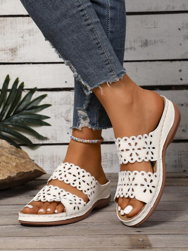 Sandalias deslizantes con diseño de flores recortadas para mujer - Zapatos casuales de tacón medio con suela suave de PU, diseño de punta abierta transpirable para verano, playa y uso al aire libre (Top de imitación, opciones de multicolor), Moda europea y americana talla grande sandalias deslizantes tipo flor calada de talla grande