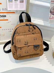 1 pieza Mochila a rayas de unicolor de pana con estilo y sencilla, mochila pequeña fresca, sencilla y dulce con estampado de panda de dibujos animados, apertura y cierre con cremallera, correas de hombro ajustables cómodas y versátiles, adecuada para todas las ocasiones, para uso al aire libre, juego, transporte