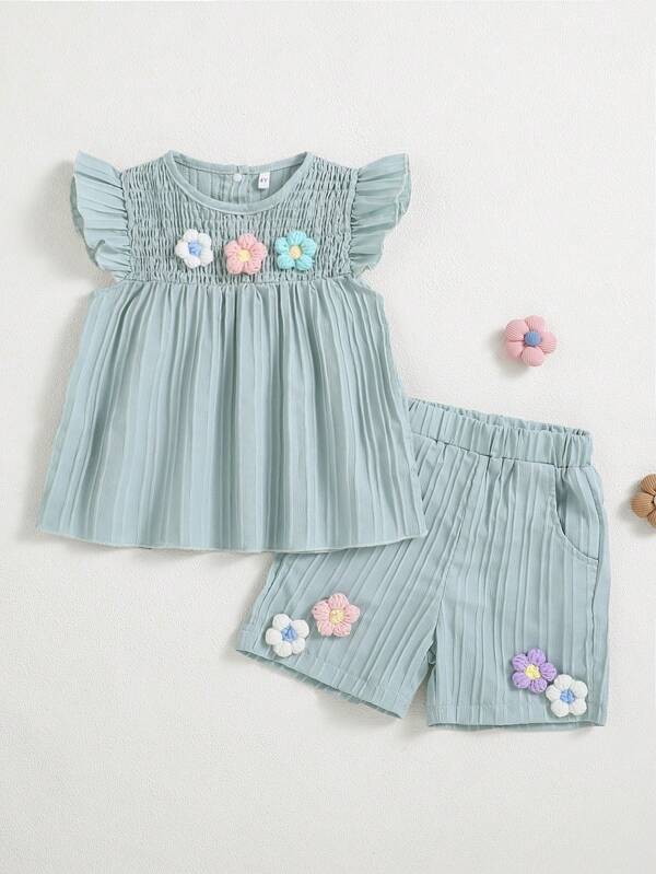 Conjunto de top de manga corta y pantalón corto decorado con flores 3D coloridas y versátil para niña, ideal para primavera/verano