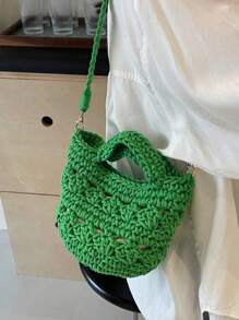 Bolso de playa de ganchillo de verano para mujer, bolso de playa pequeño, ligero, minibolso de hombro, bandolera, estilo preppy, bolso de cubo de hombro de mujer de algodón tejido hueco, bolso bandolera con estilo, para playa, vacaciones, verano, playa, vacaciones, bolsa de viaje