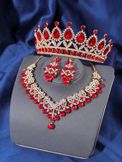 Juego de 4 piezas de corona nupcial, collar y aretes de aleación de zinc con cristales de estrás - Elegante kit de accesorios de boda para el Día de San Valentín