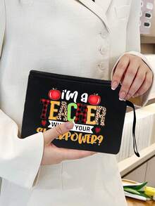 Teacher Appreciation Gift Linen Handbag With Cute Printed With An Apple, A Heart-Shaped Pattern, And The Letters' I Am A Teacher What's You Superpower? - Khaki - View 13