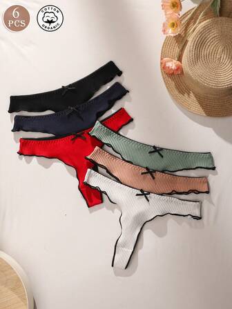 6 件装荷叶边下摆纯色蝴蝶结点缀女式内裤，性感蕾丝边低腰女士丁字裤，棉质