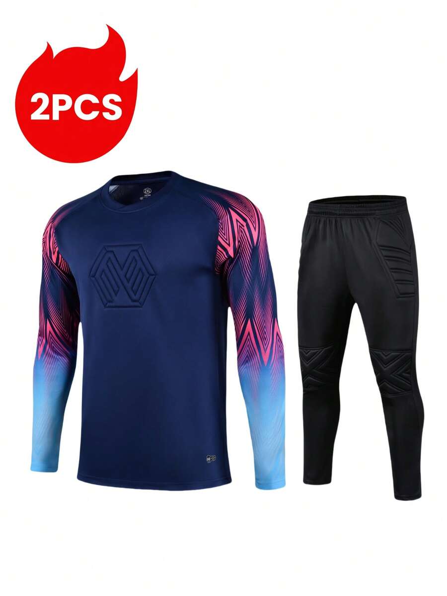 2pcs/Set Goalkeeper Uniform, Long Sleeve T-Shirt With Foam Chest Protector & Elbow Pads, Non-Slip Plastic Strips, Breathable Quick-Dry Striped Tee + Protective Elastic Waist Pants, Suitable For Training & Match