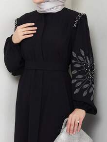 Elegante Vestido Abaya de Cor Sólida Feminina com Zíper, Decoração de Pérolas e Strass, Manga Longa, Estilo Turco do Oriente Médio, Preto