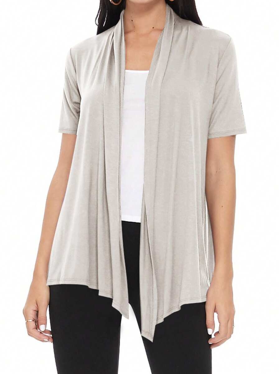 Casual Solid Short Sleeve Open Front Draped Cardigan For Office & Everyday Wear - 希瑟.格雷 - 查看 1
