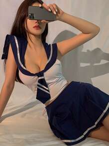 1 Set Contrast Color Cosplay Outfit, Sexy Intimate Wear, Undressed Sailor Uniform With Tie, Seductive Anime Character Costume, Suitable For Spring/Summer/Autumn/Winter Halloween