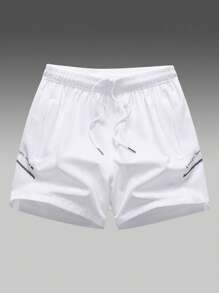 1 pieza Pantalones deportivos blancos para hombres, pantalones cortos de playa para vacaciones, pantalones cortos de fitness y running con bolsillos y cremallera, diseño oculto con cordón