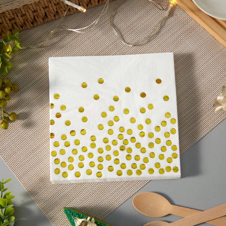 25 件/包，13*13 英寸/33*33 厘米一次性纸巾，白色背景带金色圆点图案，适合派对装饰和日常使用