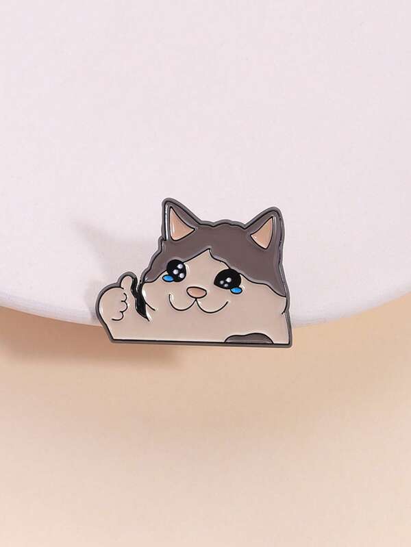 1 pieza Pin de esmalte con gato que llora feliz con el pulgar arriba, insignia de animal linda