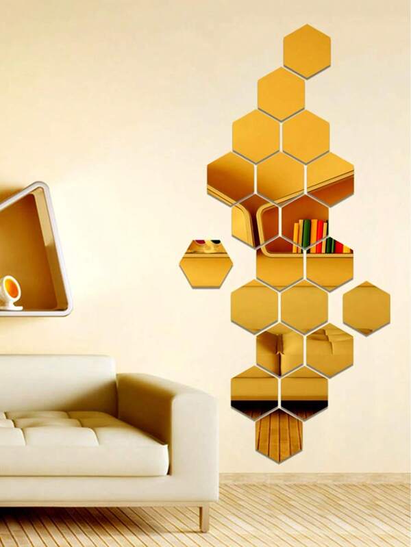 Set de 12 pegatinas de espejos hexagonales acrílicos dorados, espejos decorativos DIY para sala de estar y dormitorio