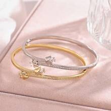 1 Luxurious Women's Copper Bracelets With Rose Design, Inlaid With Zirconia, Daily Fashionable Jewelry Accessory