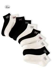 5/6/10 Pairs Assorted Size Short White Bow Cute Comfortable Breathable Women Ankle Socks, Japanese Style - Multicolor - View 6