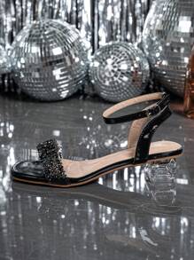 Women's Crystal Heel Glass Rhinestone Champagne Color Plus Size High Heel Sandals