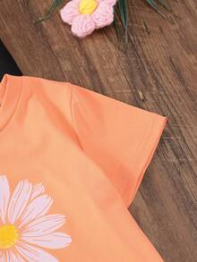 3 件女童花朵印花圆领短袖 T 恤，年轻女孩休闲夏季上衣，多色百搭，多件装 - 珊瑚橙 - 查看 5
