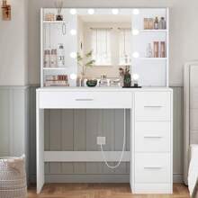 Schminktisch mit Spiegel und Beleuchtung, Schminktisch mit 4 Schubladen, 4 offenen Regalen, 5 Schmuckhaken für Schlafzimmer, Weiß