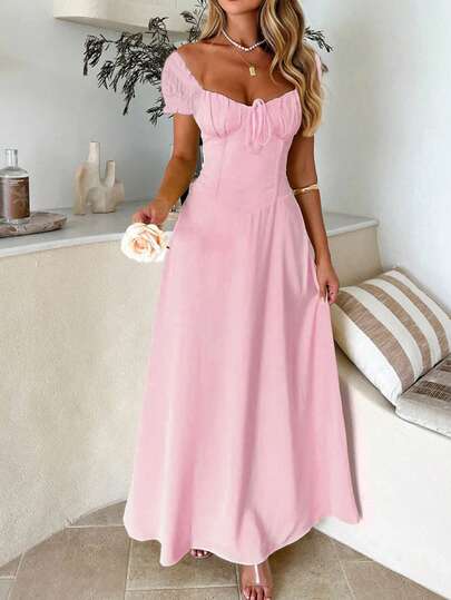 PoPoHouse Women's Elegant Dress, Solid Color Bohemian Holiday Style, Low Neckline Off-Shoulder Design, Backless Tie Detail, Creates A Casual Loose Beach Dress Silhouette, Suitable For Valentine's Day, Spring/Summer And Various Occasions