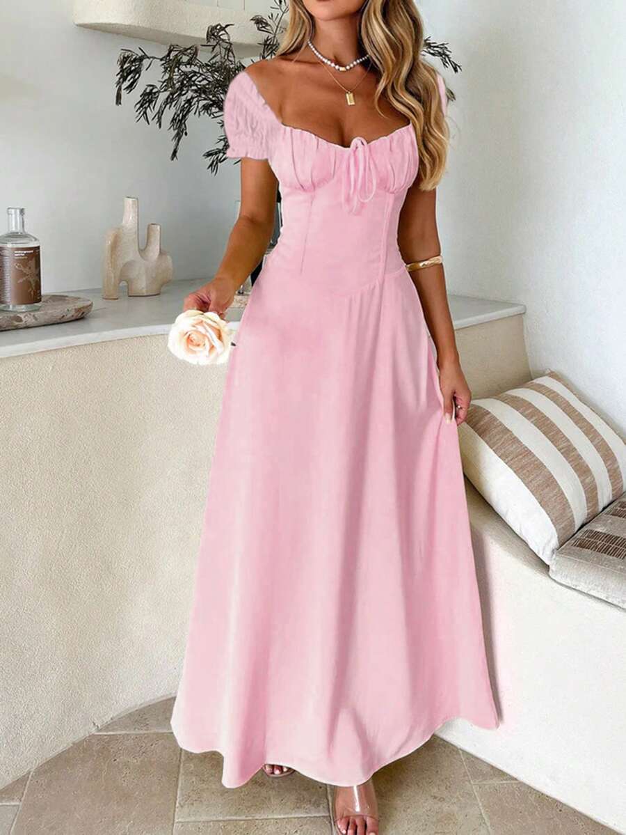 PoPoHouse 女士优雅连衣裙，纯色波西米亚度假风，低领露肩设计，后背系带细节，打造休闲宽松的沙滩裙造型，适合春夏及各种场合，粉色 - 粉色 - 查看 1